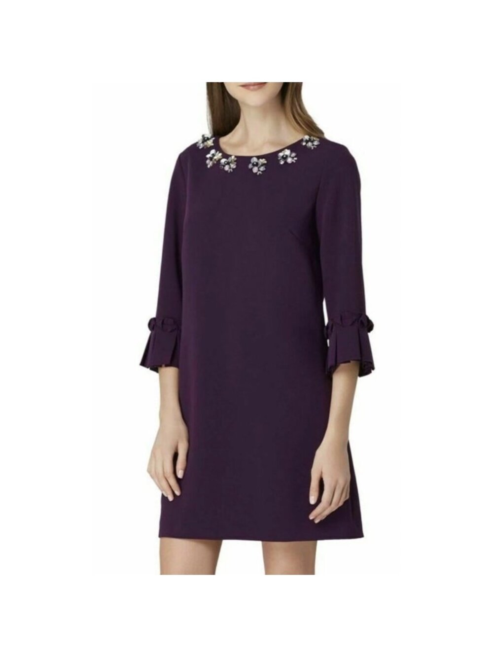 Tahari ASL Embellished Neck Stretch Crepe Mini Dress Pleated Bell Sleeves 10